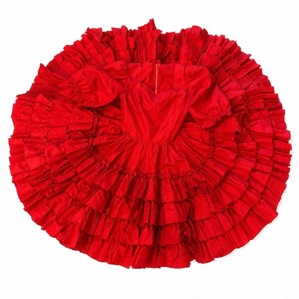 Vintage Red Square Dance Dress Full Circle Ruffle Skirt Puff Sleeve Costume 53"